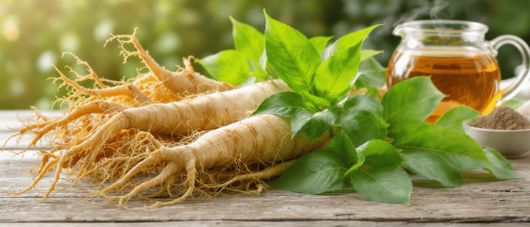 Racines fraîches de ginseng Panax posées sur une table en bois avec des feuilles vertes et une tasse d’infusion chaude en arrière-plan.