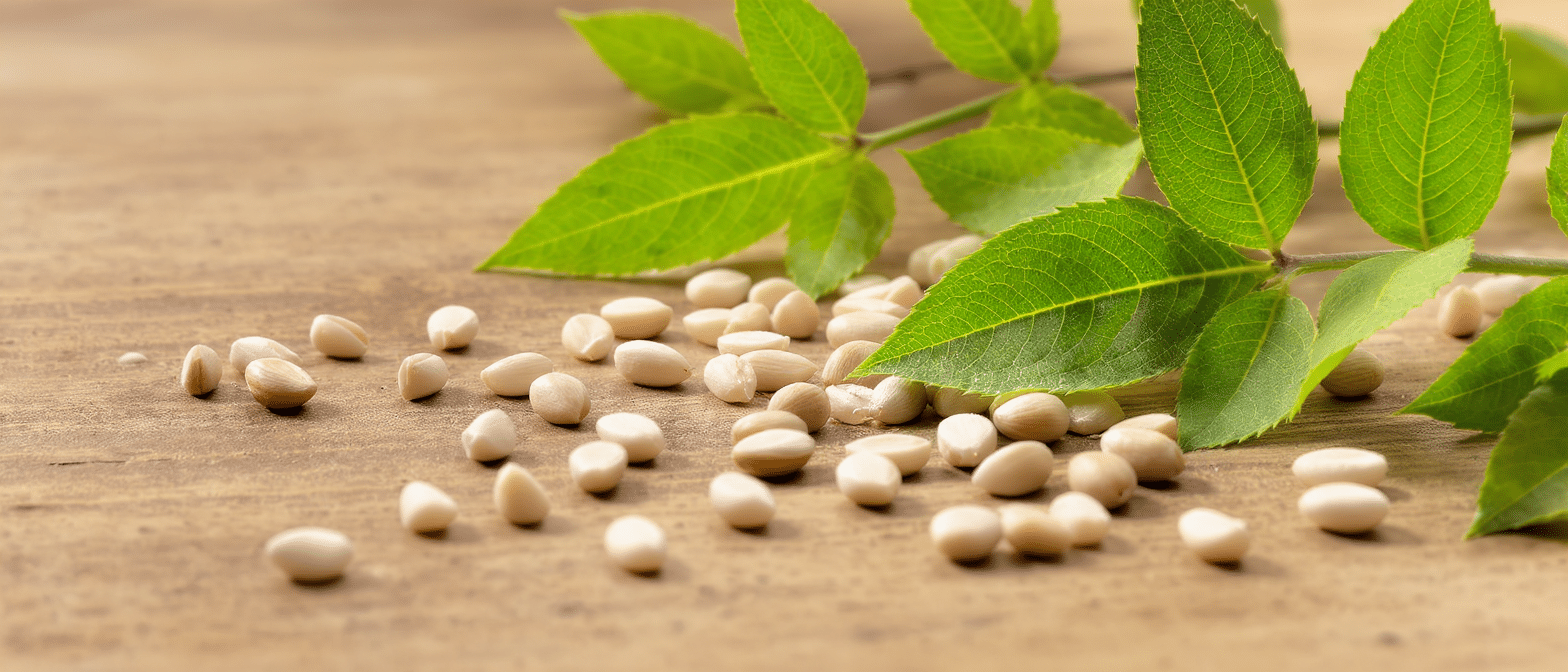graines-griffonia-simplicifolia-5htp Graines de Griffonia simplicifolia sur une table en bois avec des feuilles vertes.