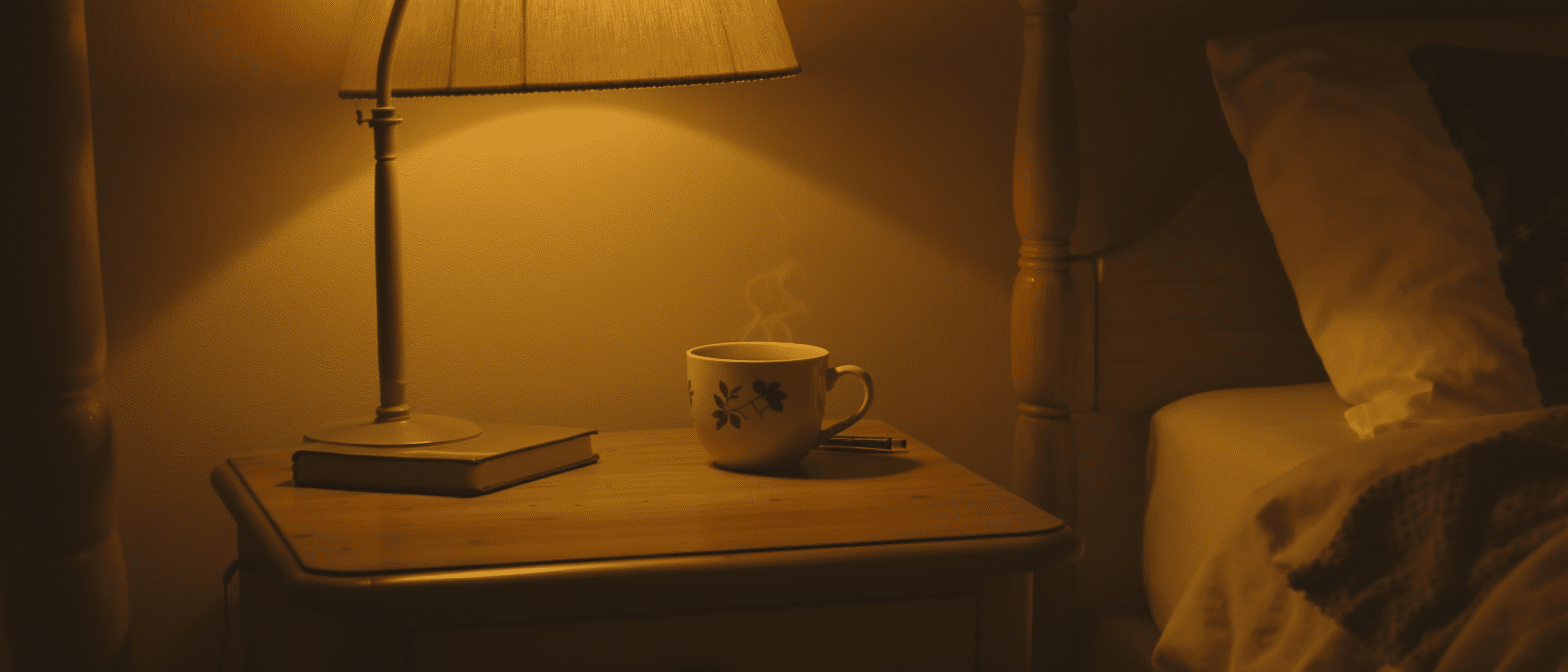 routine-soir-griffonia-sommeil-detente Tasse de tisane chaude sur une table de chevet Ă©clairĂ©e par une lampe douce, symbole dâune routine apaisante.