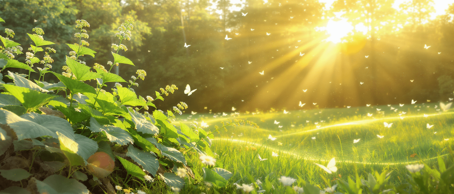 Griffonia simplicifolia dans un champ ensoleillé, baignée de lumiÚre du matin et entourée de papillons.
