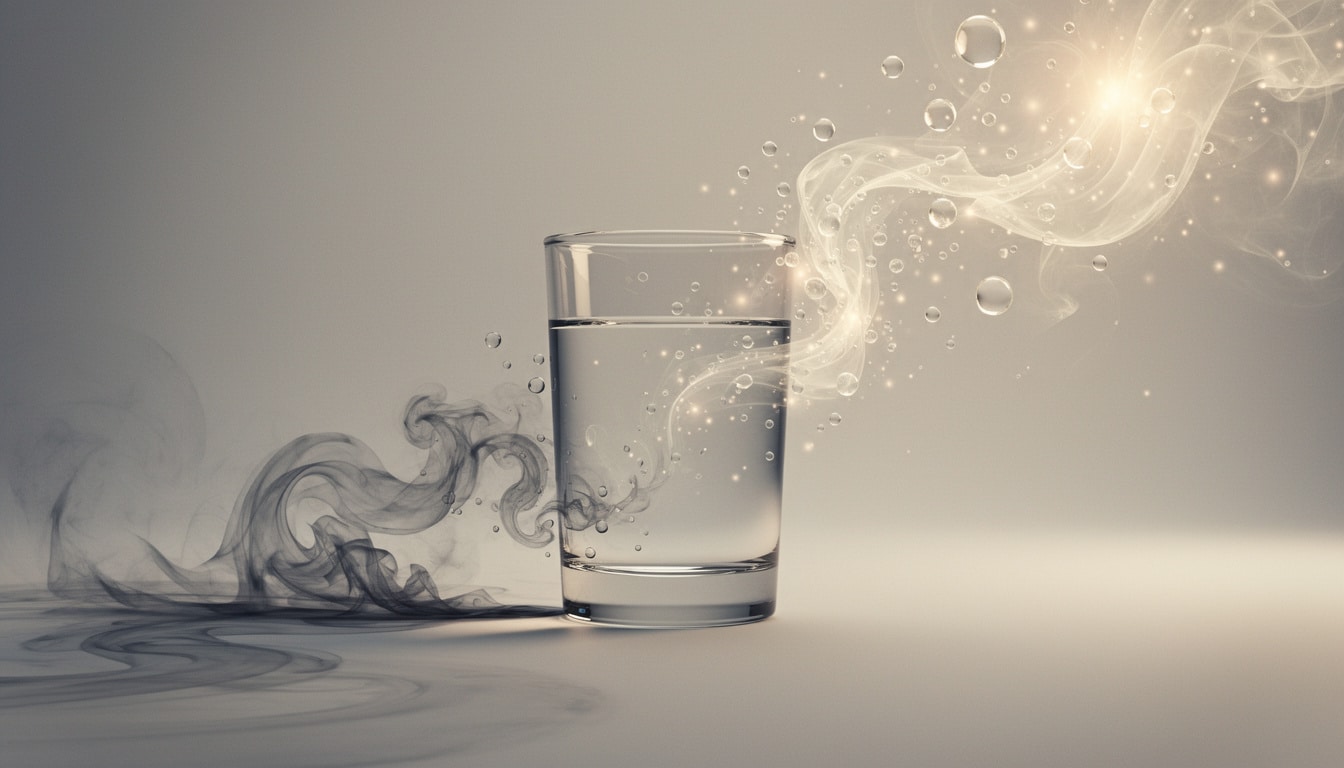 Verre d’eau entouré de volutes sombres et de lumière diffuse, ambiance symbolique.