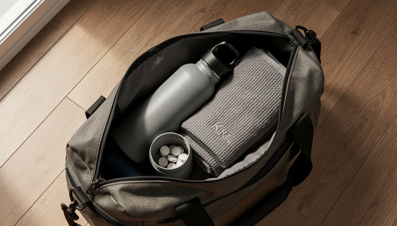 sac-sport-bouteille-tablettes-effervescentes Sac de sport ouvert contenant une gourde, une serviette et une petite boîte de pastilles effervescentes.