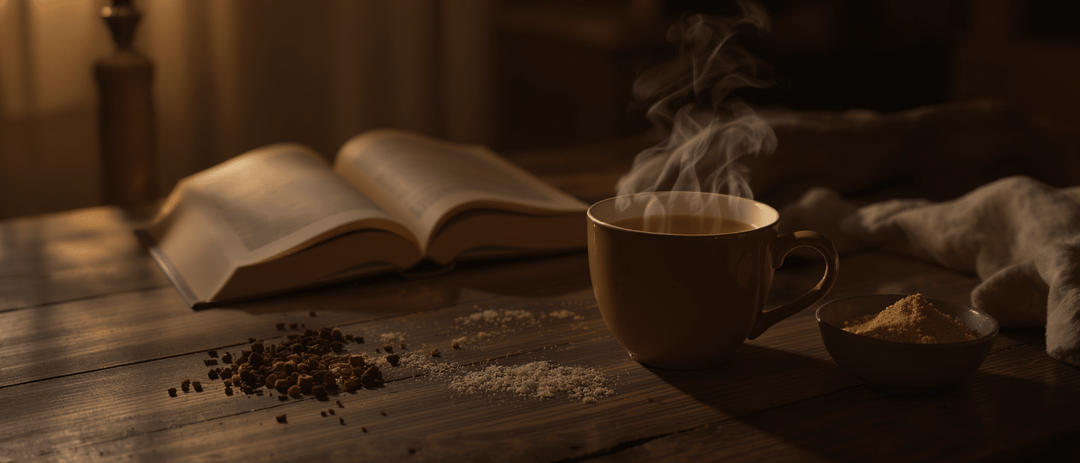 Tasse d’infusion chaude avec herbes et poudre végétale sur une table en bois, ambiance du soir.
