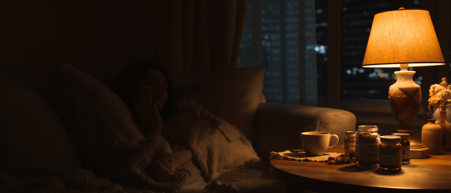 Femme reposant sur un canapé le soir, avec tisane chaude et compléments sur une table éclairée par une lampe.