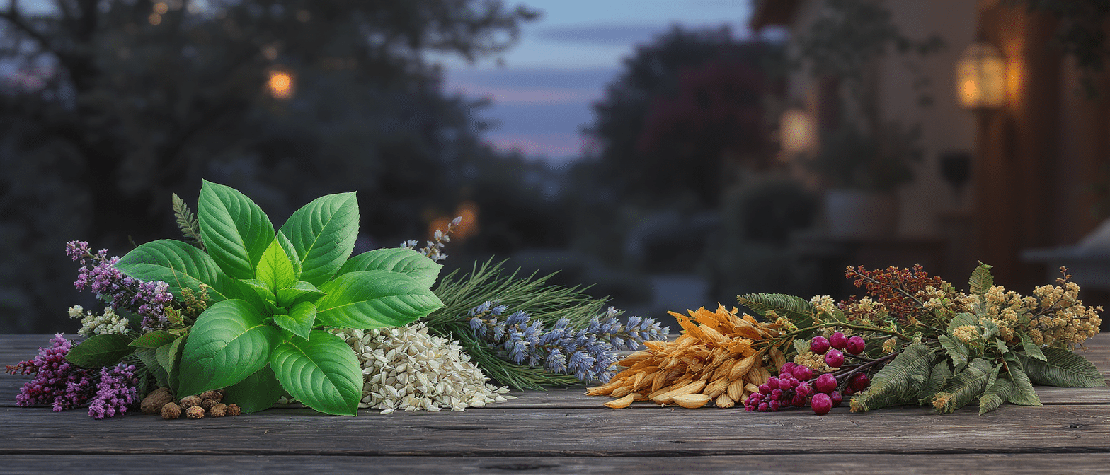 Mélange de plantes adaptogènes et herbes séchées disposées sur une table au crépuscule.