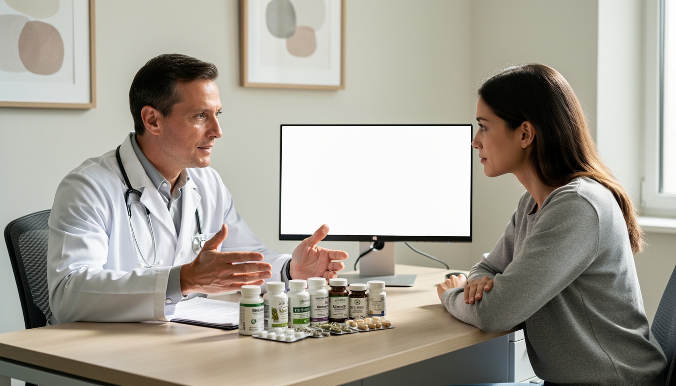 consultation-medicale-complements-alimentaires Médecin discutant avec une patiente à propos de compléments alimentaires posés sur un bureau.