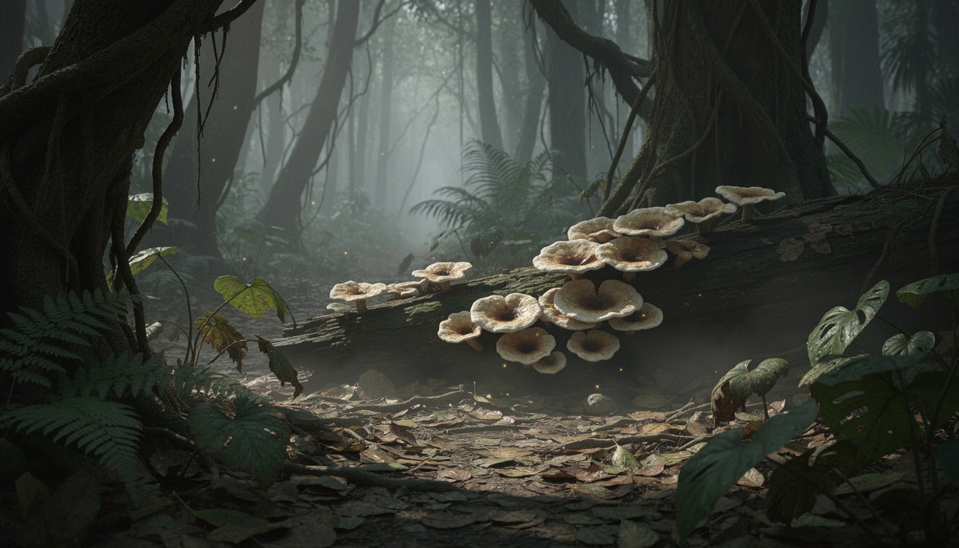 Champignons lignosus poussant sur un tronc au sol dans une forêt tropicale humide.