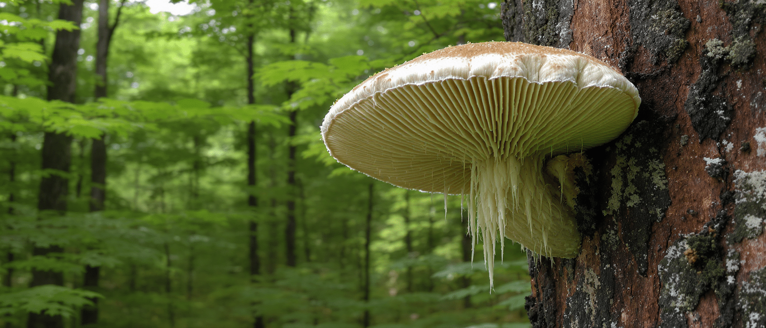 Champignon Hericium erinaceus accroché au tronc d’un arbre dans une forêt