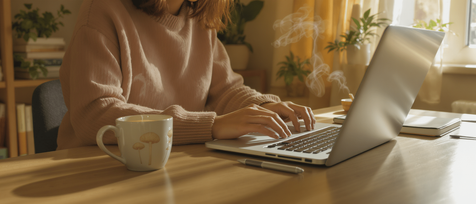 Femme travaillant sur un ordinateur portable avec une tasse illustrée de champignons à côté.