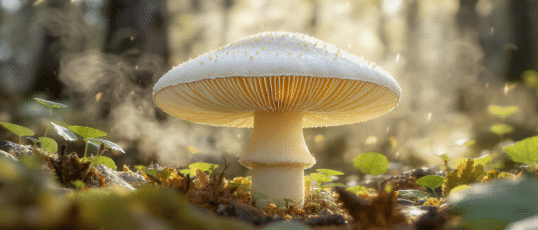 Champignon blanc dans une forêt éclairée par une lumière douce et dorée.