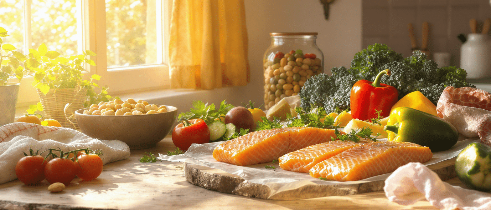 alimentation-mediterraneenne-saine-ldl-omega3 Ingrédients d’une alimentation saine disposés sur une table, avec filets de saumon, légumes frais, tomates, poivrons et herbes.