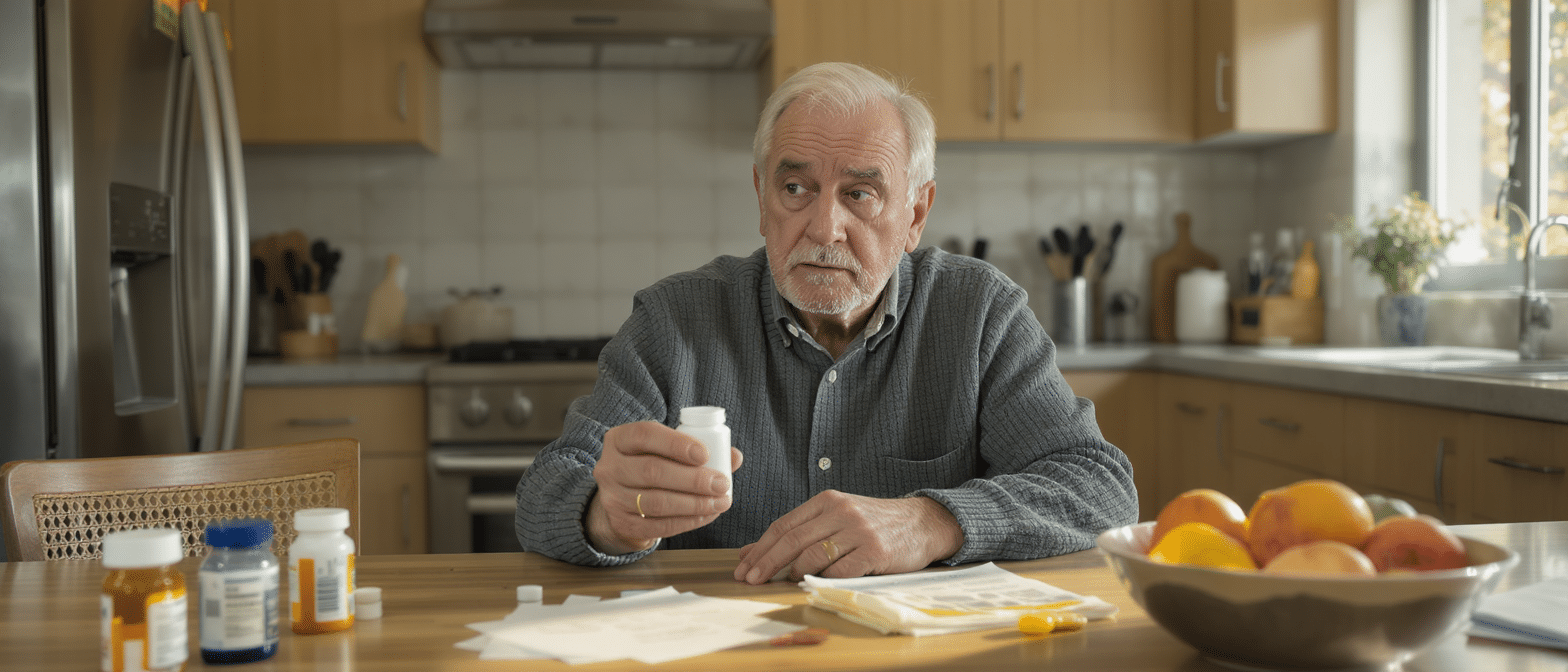 senior-medication-statine-risque-maison Homme âgé assis dans une cuisine, tenant un flacon de médicament sur une table contenant d’autres piluliers et des documents médicaux.