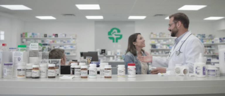Pharmacie avec un comptoir rempli de flacons de médicaments dont des statines, et un pharmacien discutant avec une cliente en arrière-plan.