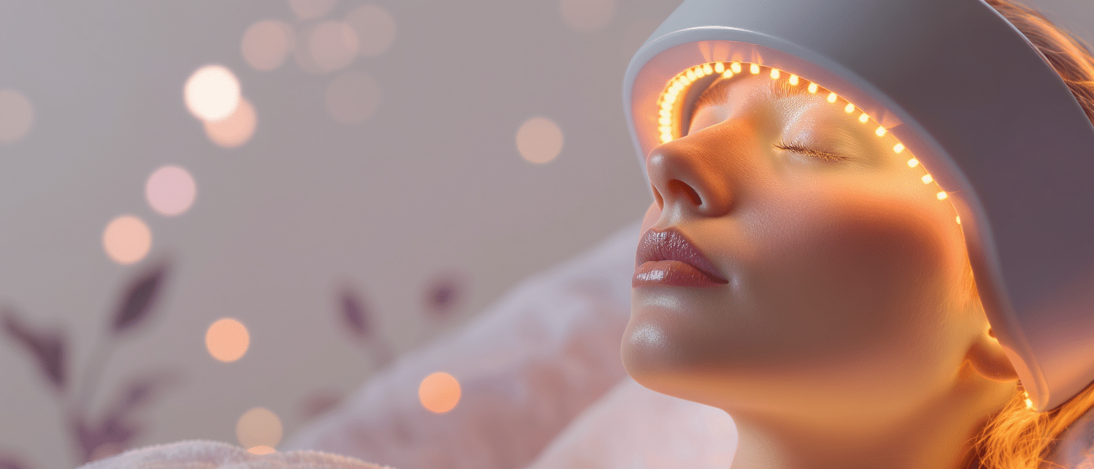 Femme en séance de luxopuncture avec lumière infrarouge appliquée sur le visage