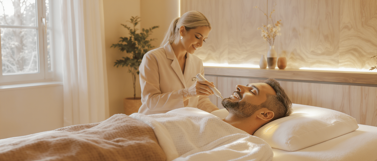 Praticienne réalisant une séance de luxopuncture avec un stylet lumineux sur le visage d’un patient