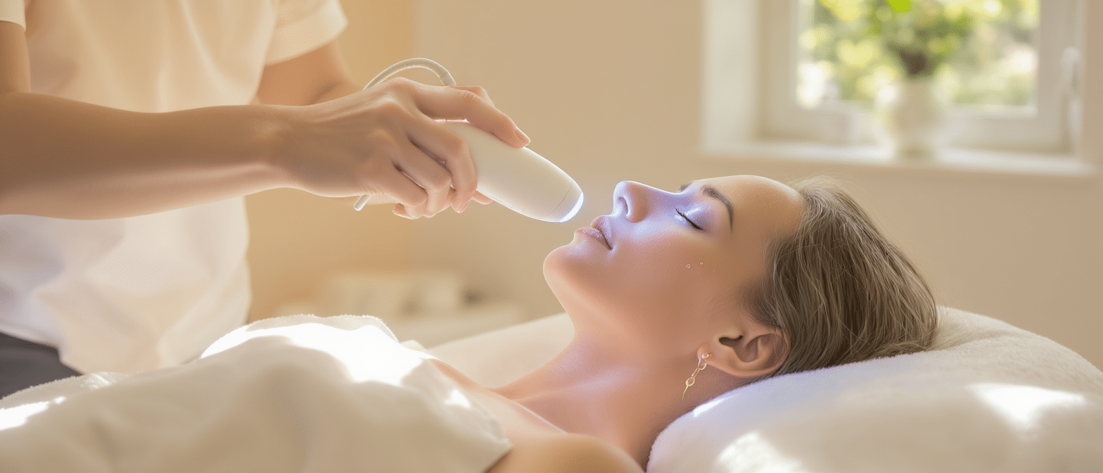 Séance de luxopuncture avec un appareil lumineux appliqué sur le visage d’une femme allongée