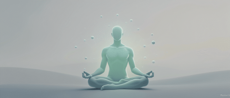 Silhouette humaine en méditation entourée de sphères symbolisant l’équilibre du système nerveux.