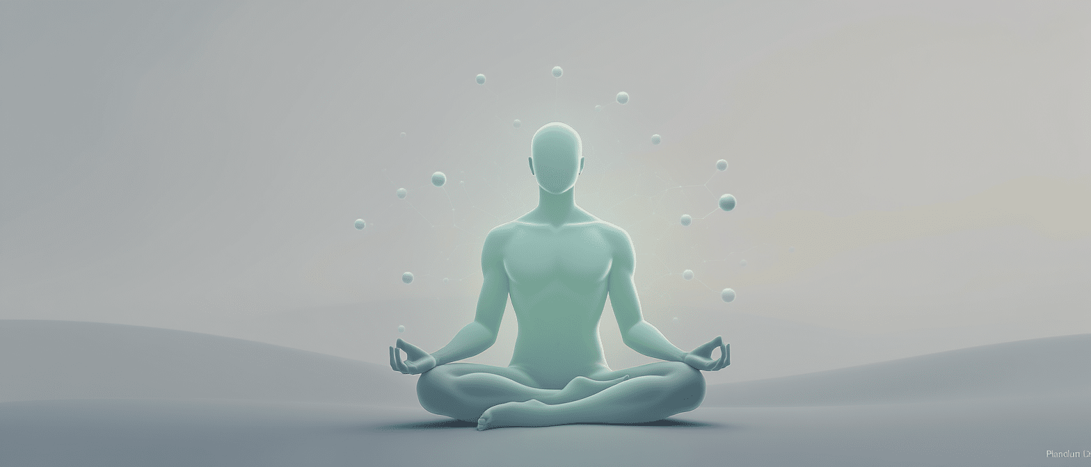 Silhouette humaine en méditation entourée de sphères symbolisant l’équilibre du système nerveux.