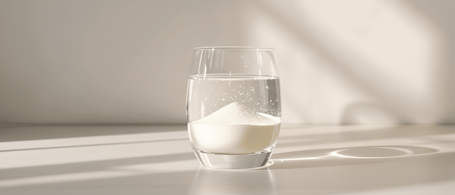 Verre d’eau contenant une poudre de collagène marin Naticol avant mélange