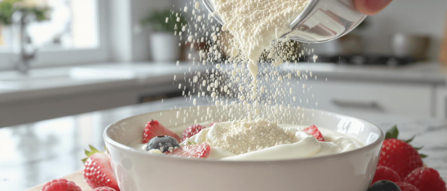 Poudre de collagène marin Naticol versée sur un bol de yaourt et fruits rouges