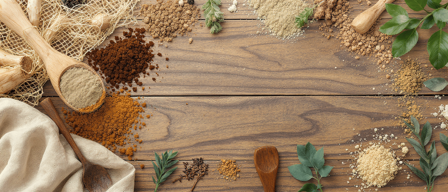 Mélange de poudres de plantes adaptogènes disposées sur une table en bois avec des feuilles et ustensiles naturels.