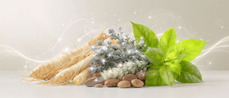 Mélange de plantes adaptogènes comprenant ginseng, herbes séchées, graines et feuilles vertes fraîches.