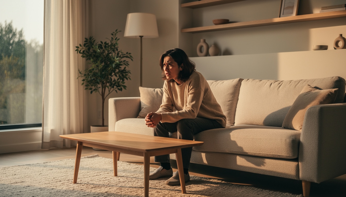 femme-fatigue-emotionnelle-canape Femme assise sur un canapé, l’air préoccupé et fatigué, éclairée par une lumière douce en fin de journée.