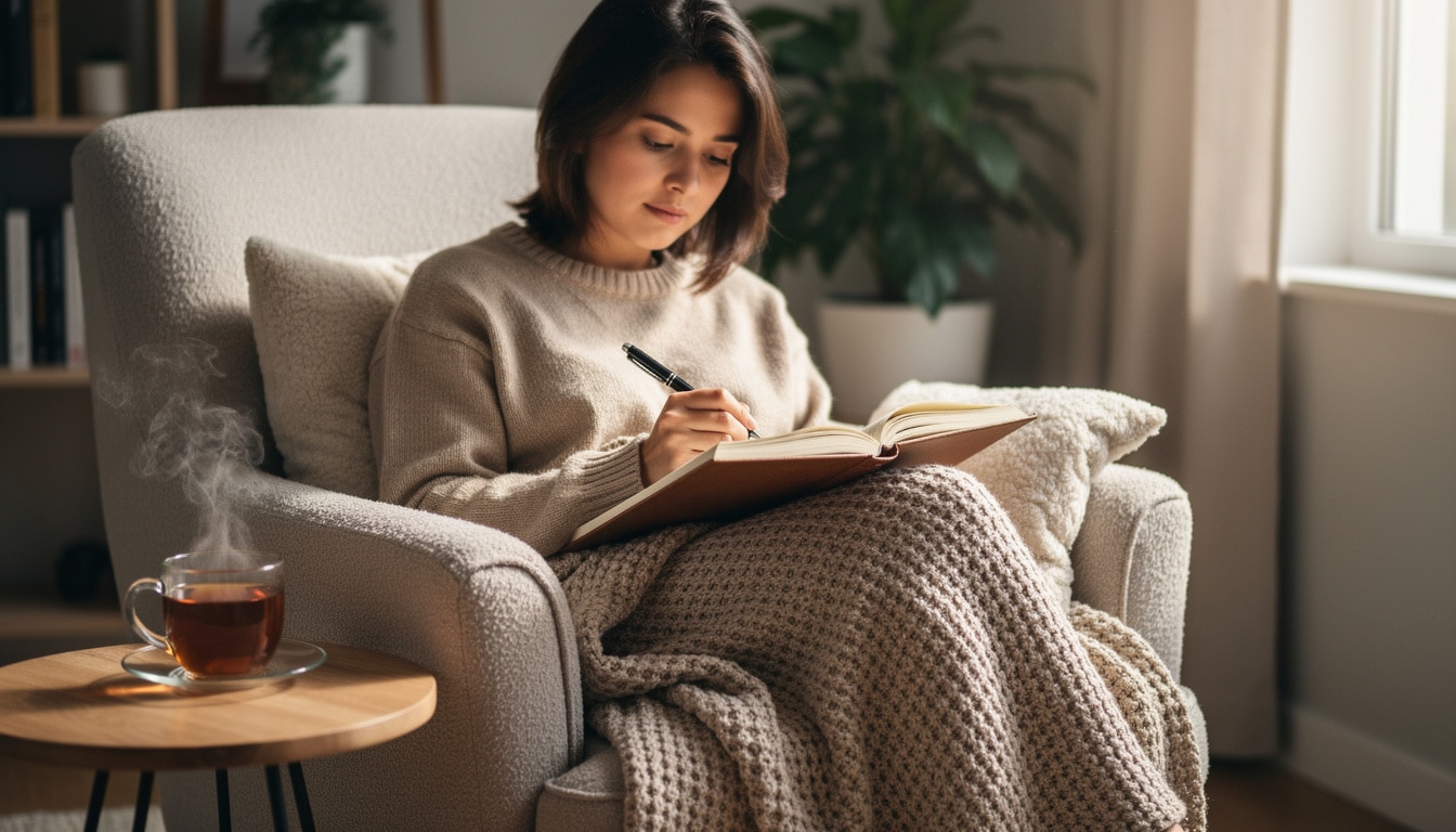 femme-rituel-apaisant-journal Femme assise dans un fauteuil, écrivant dans un journal avec une couverture sur les jambes et une tasse de thé fumante à côté.