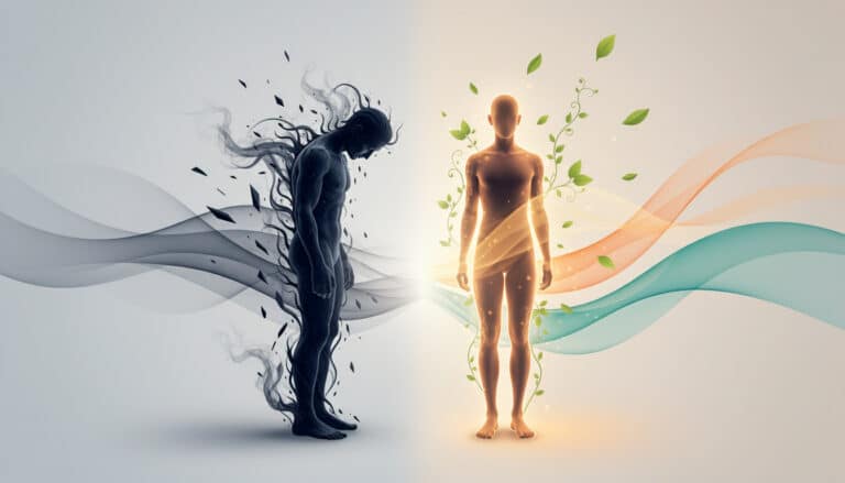 Illustration symbolique montrant une silhouette sombre affaiblie à gauche et une silhouette lumineuse et revitalisée à droite, séparées par un flux d’énergie contrasté.