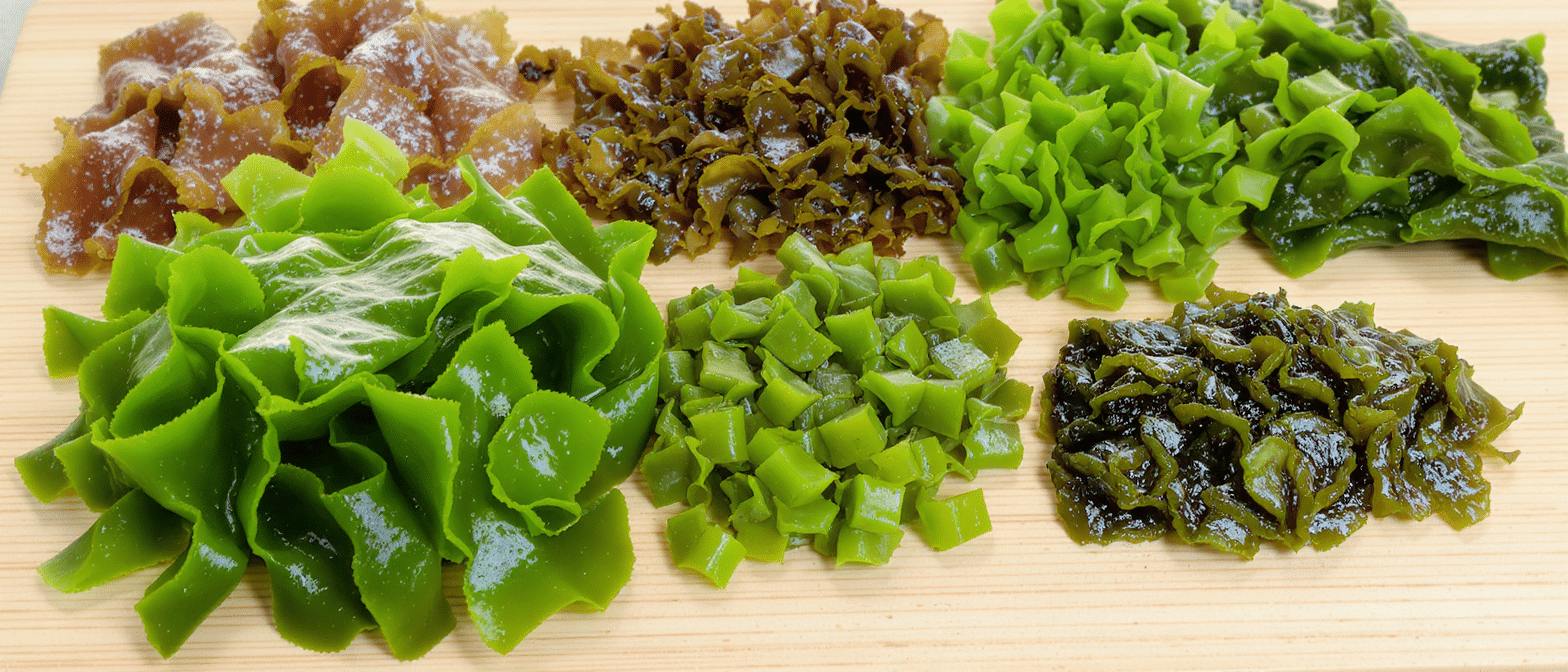 Différentes variétés d’algues comestibles découpées et disposées sur une planche en bois.