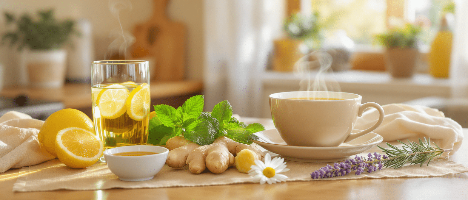 Infusion naturelle Ă base de citron, gingembre, menthe et fleurs calmantes, sur une table lumineuse.