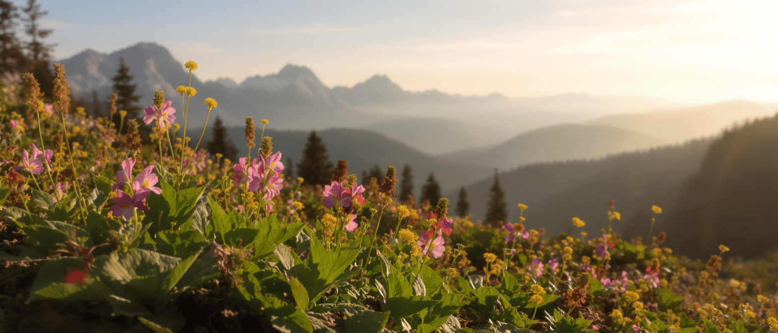 Champ de fleurs alpines au lever du soleil, avec des montagnes en arrière-plan.