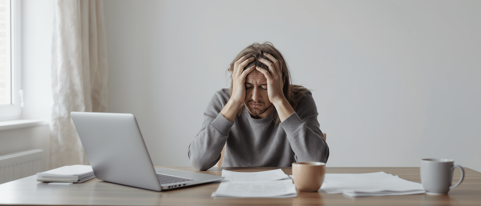 stress-chronique-fatigue-bureau Personne fatiguée et stressée devant un ordinateur, la tête entre les mains.