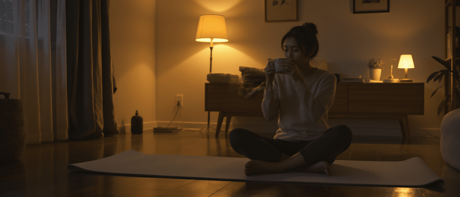 rituel-soir-anti-stress-relaxation-douce Femme assise sur un tapis dans une pièce tamisée, buvant une boisson chaude dans le cadre d’un rituel apaisant du soir.
