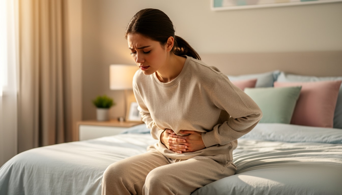 Femme assise sur un lit, pliée de douleur et tenant son bas-ventre.