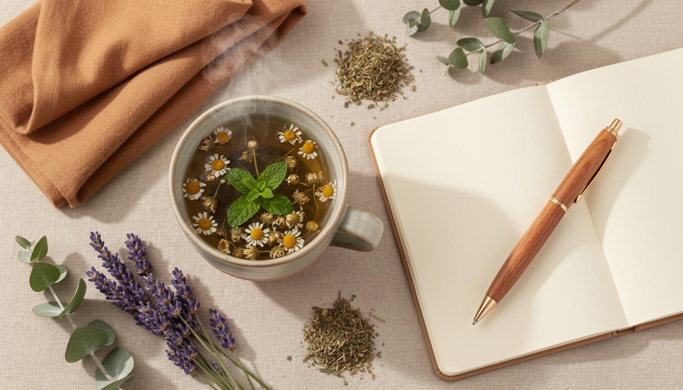 Tasse de tisane aux fleurs et herbes entourée de plantes sèches, d’un carnet ouvert et d’un stylo.