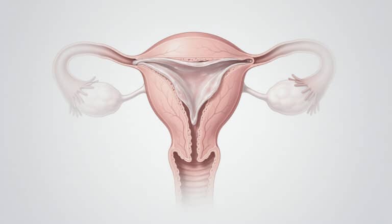 Schéma anatomique de l’utérus montrant la muqueuse utérine et l’endomètre en place.