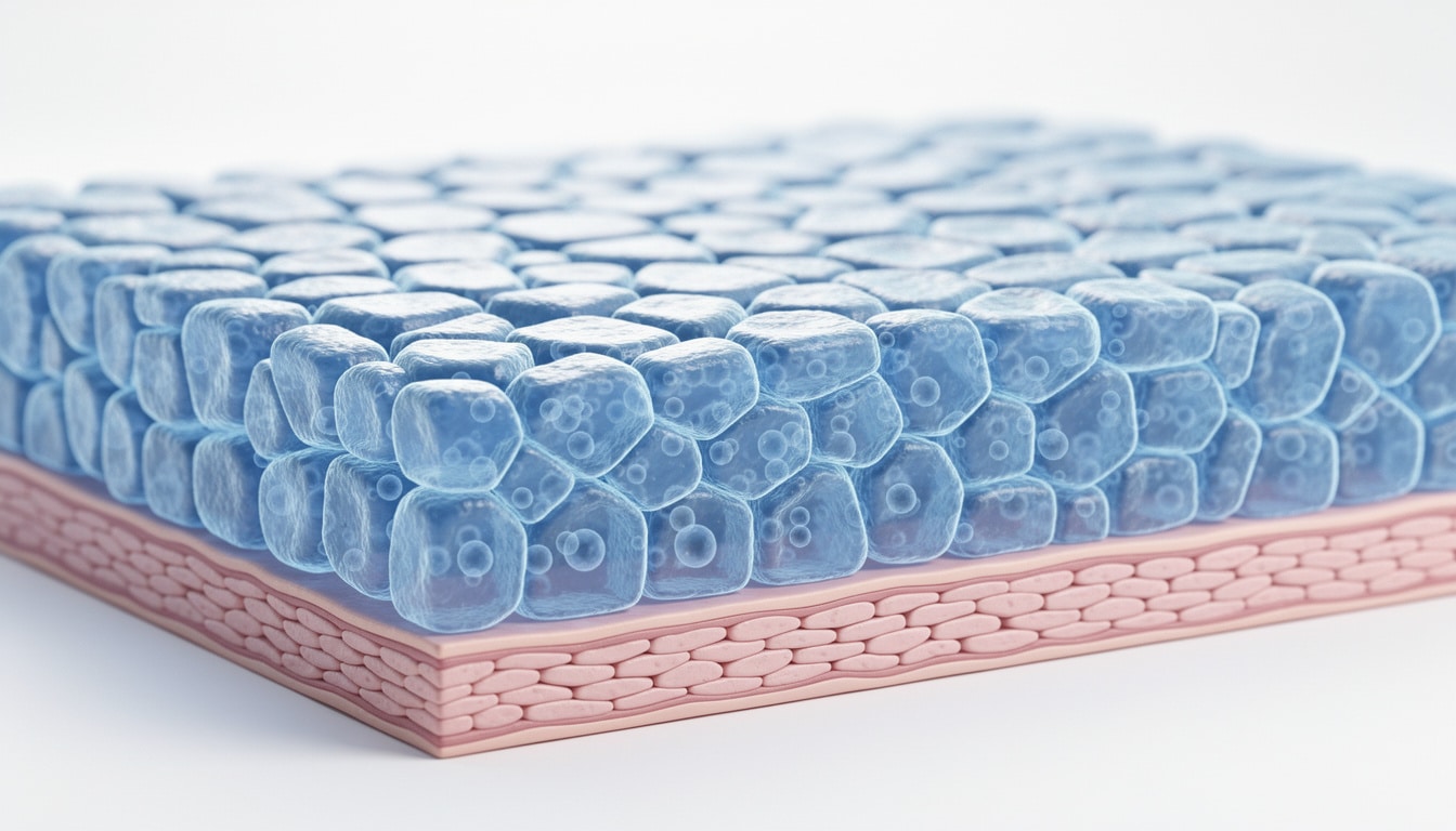 Schéma 3D représentant un épithélium cubique en plusieurs couches posé sur un tissu conjonctif.