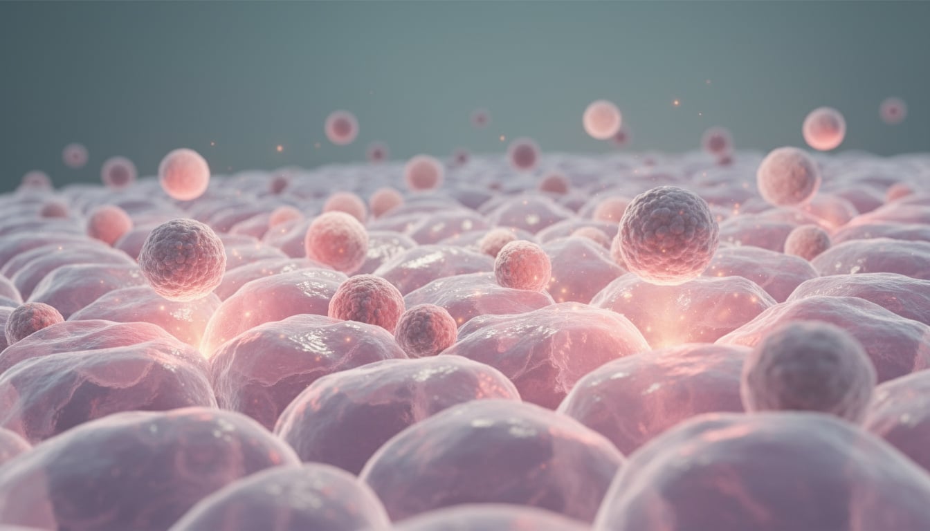 Représentation 3D de cellules épithéliales en cours de régénération avec des cellules rondes en suspension au-dessus du tissu.