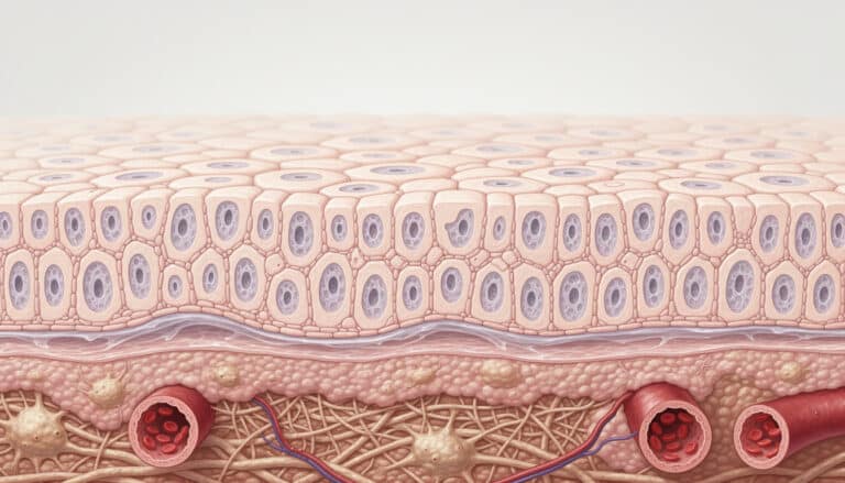 Schéma détaillé d’un épithélium montrant plusieurs couches de cellules et les structures sous-jacentes de la peau.