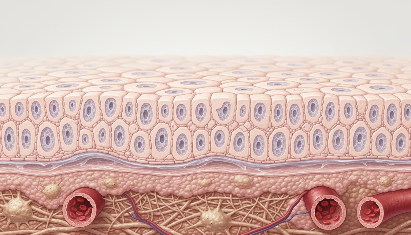 Schéma détaillé d’un épithélium montrant plusieurs couches de cellules et les structures sous-jacentes de la peau.