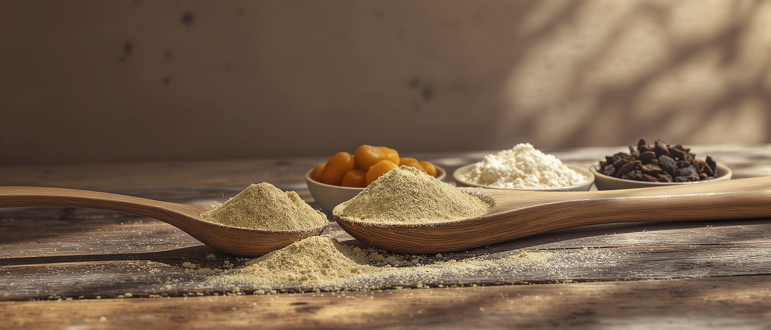 poudre-triphala-ayurveda-cuiller-bois Poudre de Triphala ayurvédique dans une cuillère en bois sur une table rustique