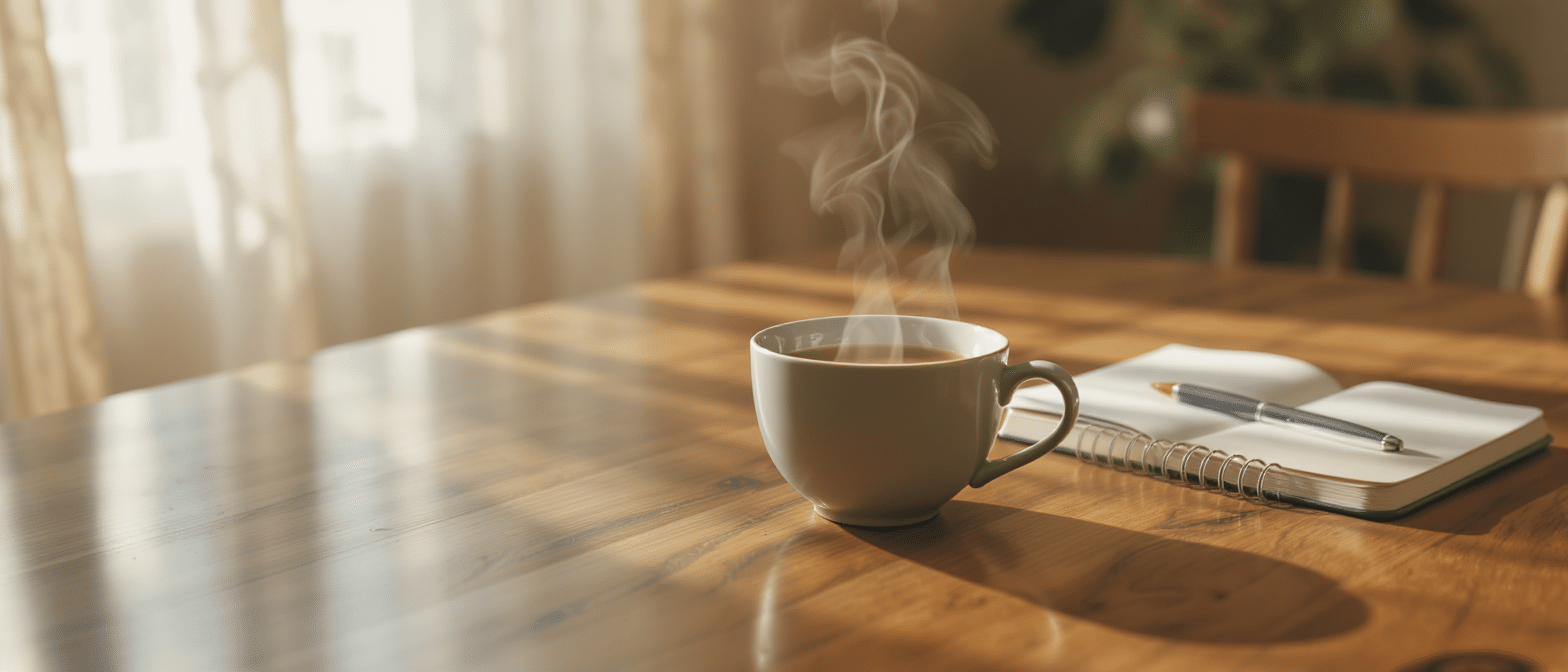 tasse-infusion-triphala-rituel-matin Tasse fumante de boisson au Triphala sur une table en bois avec carnet et stylo