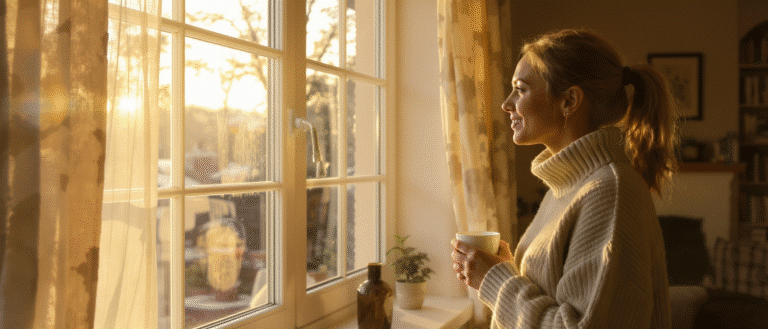 Femme regardant le soleil d’hiver par la fenêtre en tenant une tasse.
