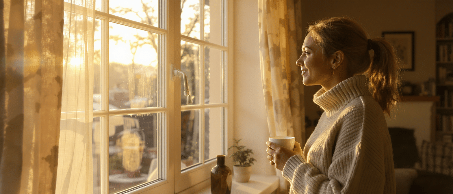 Femme regardant le soleil d’hiver par la fenêtre en tenant une tasse.