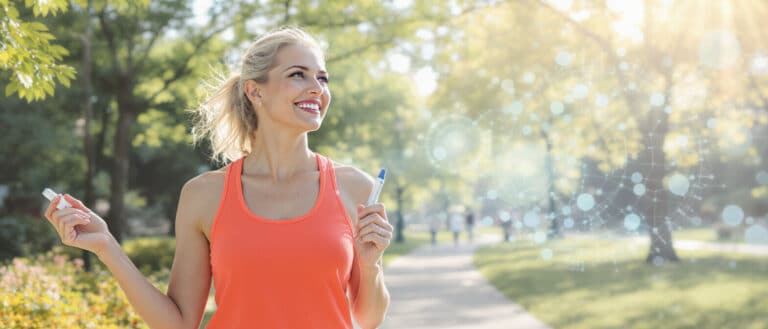 Femme souriante tenant deux stylos injectables en marchant dans un parc ensoleillé.