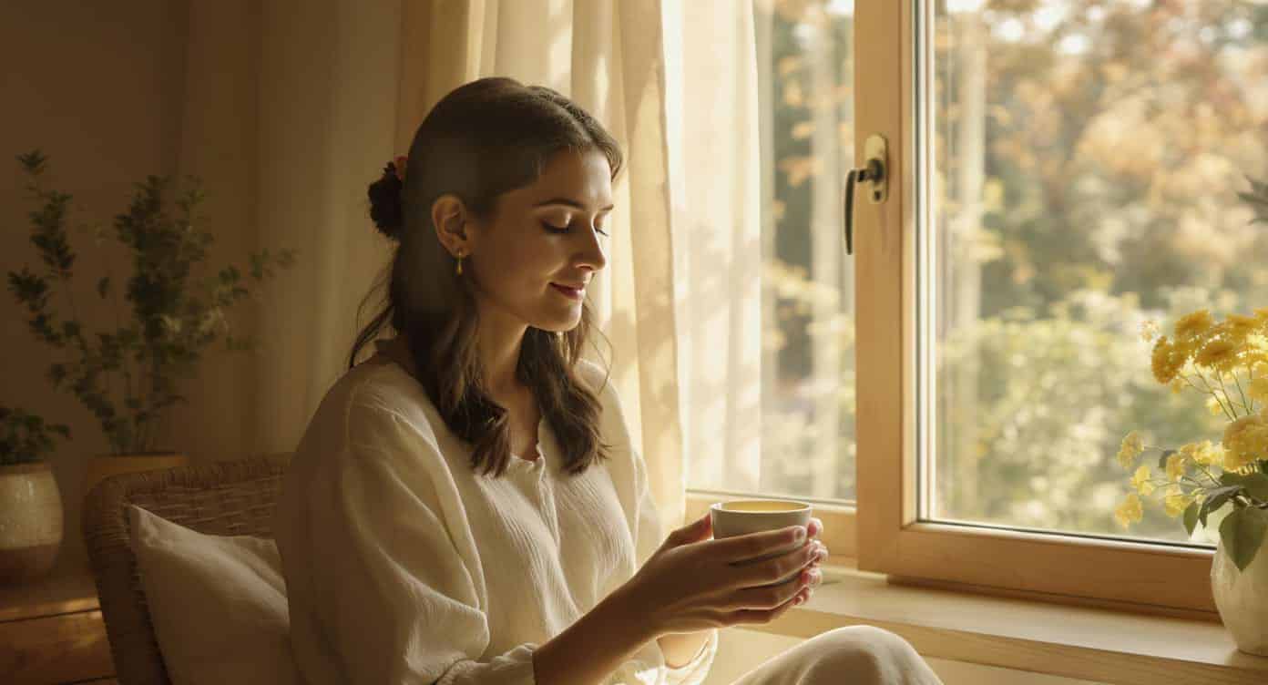 Personne assise près d’une fenêtre, calme, tenant une tasse chaude, avec des plantes adaptogènes en arrière-plan.