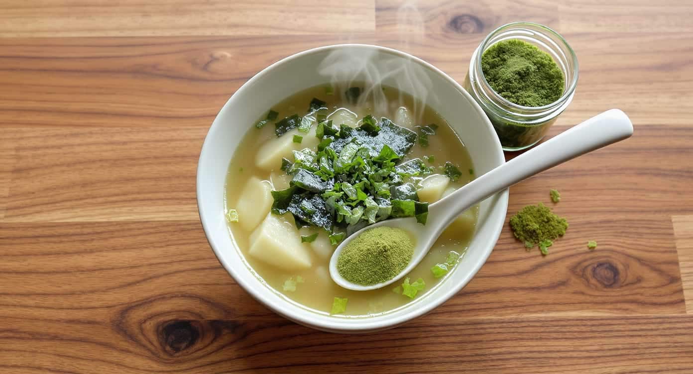 Assiette de céramique avec des algues nori, wakamé et kombu disposées avec des baguettes.