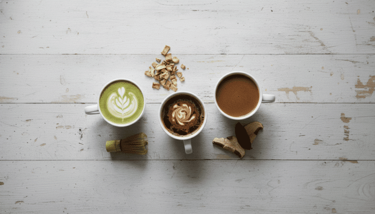 Trois boissons alternatives au café – matcha latte, boisson au cacao et boisson aux champignons – disposées côte à côte sur une table en bois clair.