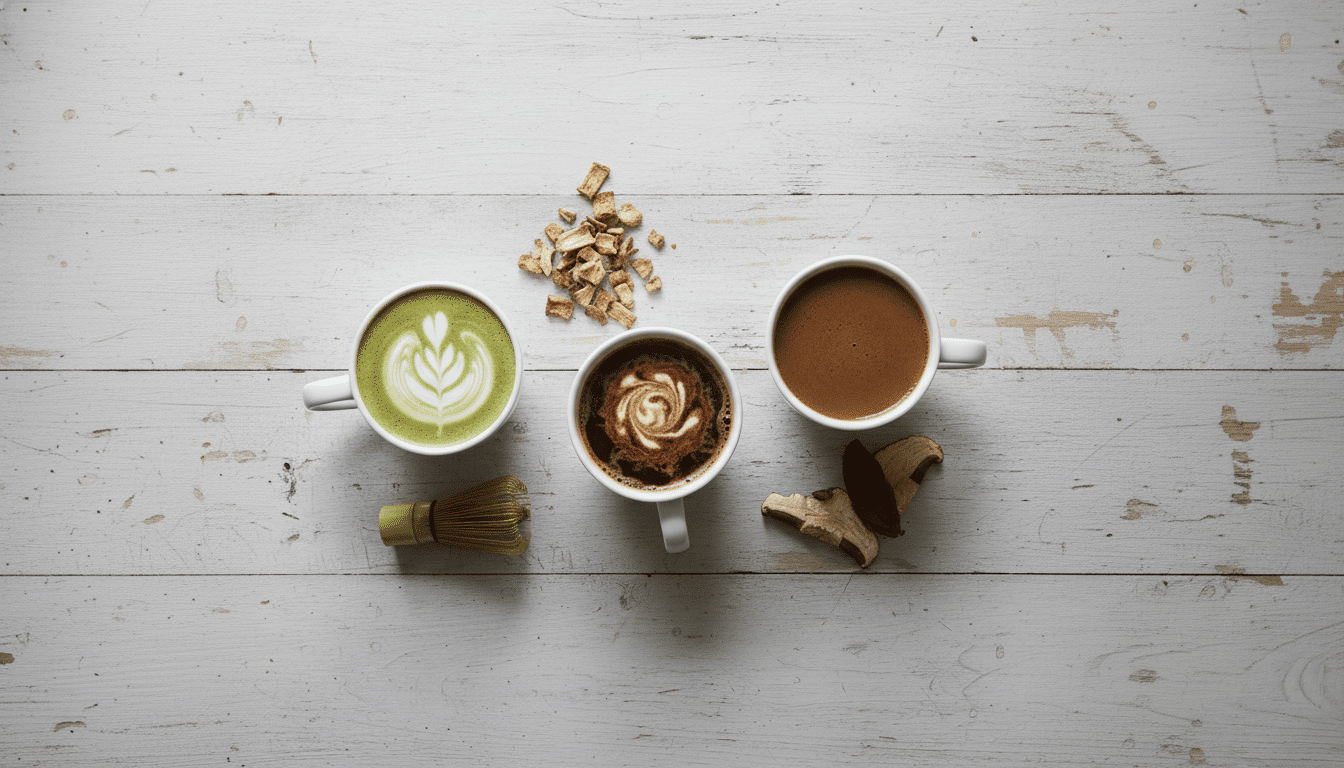 Trois boissons alternatives au café – matcha latte, boisson au cacao et boisson aux champignons – disposées côte à côte sur une table en bois clair.